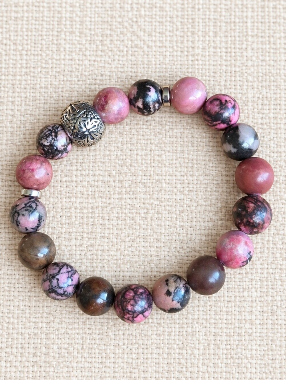 Rhodonite Beaded Stretch Bracelet | Handmade